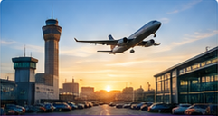 Aircraft departing above an airport terminal at sunset